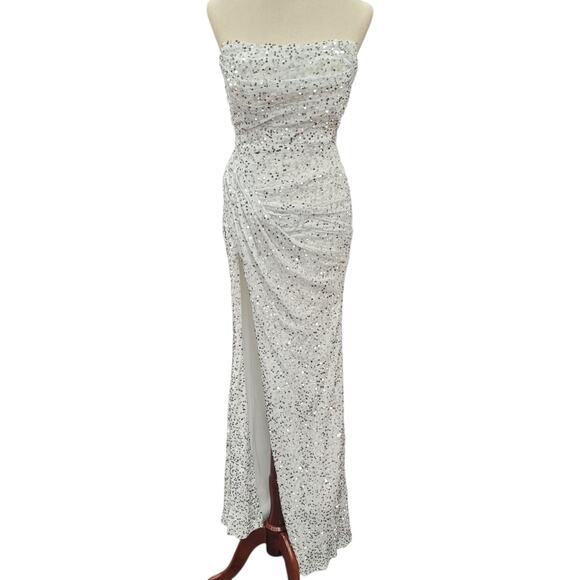 NWT White Silver Strapless Sequin Evening Gown with Corset Back on Velvet Fabric - Picture 1 of 14